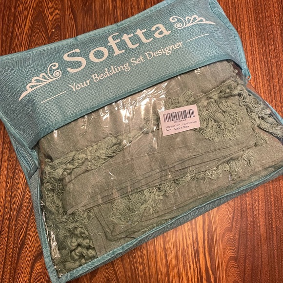 NEW Softta Vintage Tassel Bedding Set Green, Twin, 3 pc Duvet Cover Set, Cotton - Picture 3 of 8